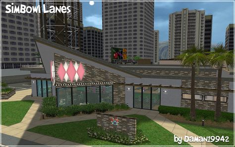 Mod The Sims - SimBowl Lanes - Maxis Remodel Retro Bowling Alley, Easy Popcorn, Googie Architecture, Temptation Island, Retro Bowling, Popcorn Ceiling, Sims Building, Bowling Alley, Architectural Inspiration