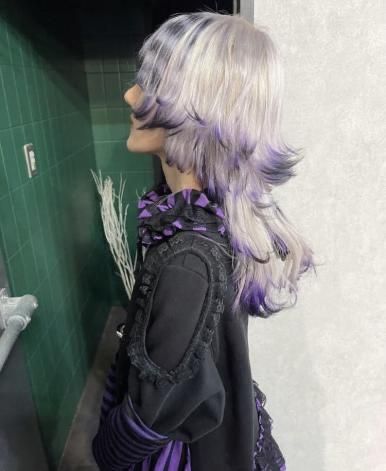 White Hair With Dyed Tips, Different Split Dyes, White And Purple Hair Short, Japanese Hair Dye Ideas, Funky Haircuts For Long Hair, Wolf Cut Dyed Tips, Fox Tips Hair Dye, White Hair With Blue Tips, Main Character Hair