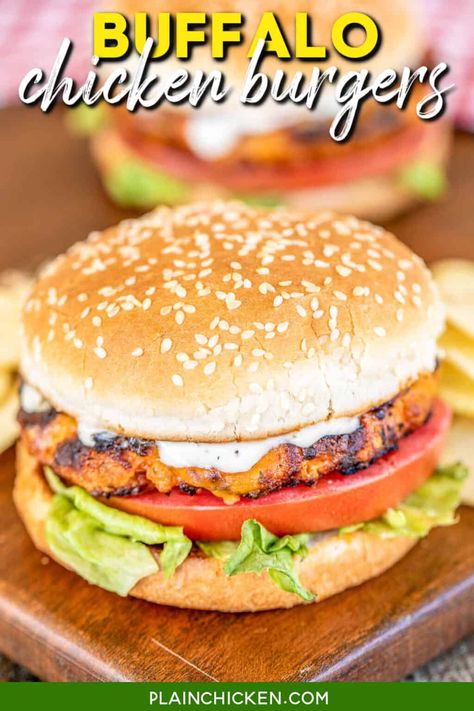 Buffalo Chicken Burgers Recipe - SO good! I like these better than regular beef burgers! SO much amazing flavor! Ground chicken, bread crumbs, cheddar cheese, ranch seasoning, and buffalo seasoning. Can form into patties and freeze for later. Can cook on the grill or on the stove. Brush with hot sauce to kick up the heat. Top with ranch or blue cheese dressing. Also great topped with slaw! Chicken Bread Crumbs, Buffalo Seasoning, Chicken Burger Patties, Grilled Chicken Burgers, Buffalo Chicken Burgers, Ranch Burgers, Ground Chicken Burgers, Grilling Chicken, Panini Hamburger