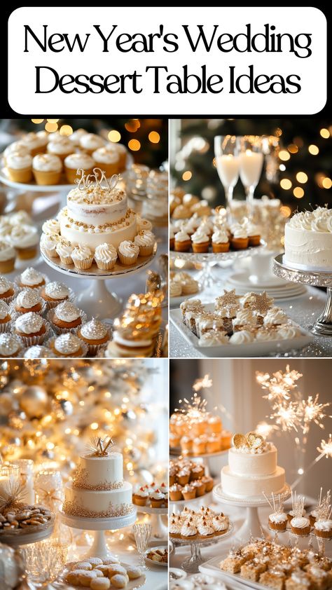 Elegant New Year's Eve wedding dessert table with festive treats, cakes, and sparkling decorations. Winter Dessert Table Ideas, Cookie Wedding Table, New Years Wedding Cake, Gold Cupcakes Ideas, Wedding Dessert Table Ideas Elegant, New Year’s Eve Desserts, New Years Eve Dessert Ideas, Wedding Dessert Table Elegant, Easy Dessert Table Ideas