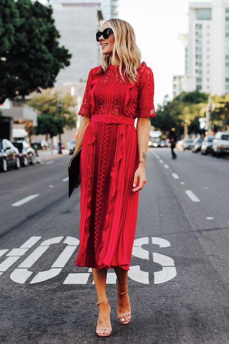 Fashion Jackson | Are Midi Dresses Appropriate for Black Tie Weddings? White Dress Red Shoes Outfit, Black Tie Winter Dress, Midi Skirt Outfit Wedding Guest, Midi Red Dress Outfit, Wedding Guest Red Dress Outfit Ideas, Red Heel Sandals Outfit, 2022 Wedding Guest Dress Trends, Red Midi Dress Outfit, Red Dress Midi