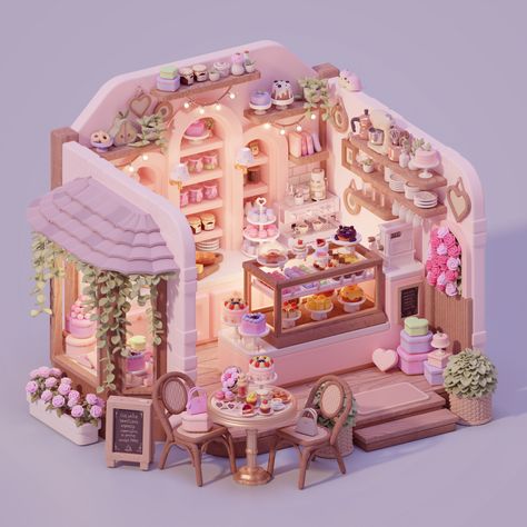 Pink Bakery, 3d Lighting, Cute Bakery, Bakery Interior, Isometric Art, Isometric Design, Architecture Concept Drawings, Bakery Design, 3d Modelle