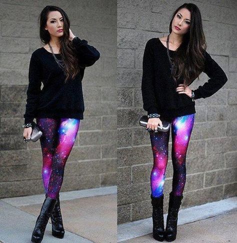 Galaxy leggings, loving the pop of colour they bring :) Looks awesome! Galaxy Outfit, Galaxy Leggings, Black Milk Clothing, Purple Leggings, Galaxy Print, Grunge Goth, Black Milk, Look Fashion, Passion For Fashion