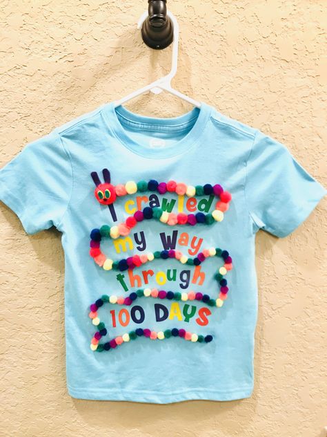 Easy DIY 100 Days of School Caterpillar shirt! 109 Days Of School Ideas, 100 Things On A Shirt, Easy 100th Day Of School Outfit, 100 Day Ideas For Kindergarten, Preschool 100th Day Of School Shirt, 100 Days Pom Pom Shirt, 100 Things Shirt Ideas, 100 Day Shirts For Kids, Dot Day Shirt Ideas Kids Diy