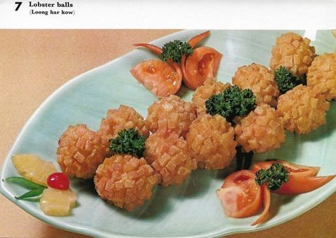 Lobster Balls (Loong har kow) | Vintage Recipe Card image Lobster Balls, Vintage Recipe Cards, Lemon Jello, Luncheon Meat, Balls Recipe, Recipe Card, Vintage Cookbooks, Vintage Recipes, Cookbook Recipes