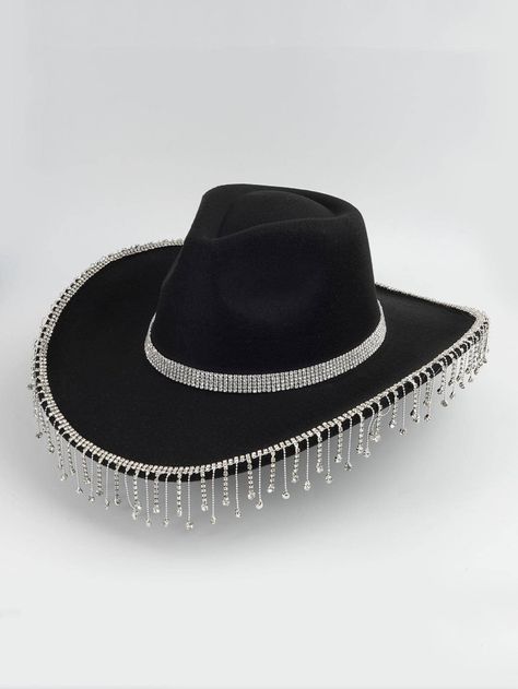 Black  Collar  Polyester   Embellished   Women Accessories Black Cowgirl Hats, Black Bedazzled Cowboy Hat, Sombrero Vaquero Aesthetic, Sombrero Aesthetic, Black Cowgirl Outfits For Women, Sombreros Aesthetic, Sombrero Cowgirl, Cowgirl Hat Black, Cowgirl Sombrero