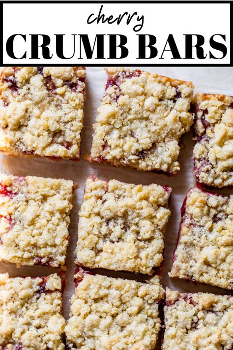 These Cherry Crumb Bars may just be the best way to use fresh cherries! Made with a buttery crust and crumb topping, then filled with a sweet cherry middle, these bars are easy to make and so delicious! Sour Cherry Crumble Bars, Mary Makes It Easy Coconut Cherry Crumble Bars, Cherry Lemon Bars, Martha Stewart Sour Cherry Crumble Bars, Cherry Streusel Bars, Cherry Pie Crumble Bars, Cherry Crumb Bars, Easy Cherry Bars, Gluten Free Cherry Bars