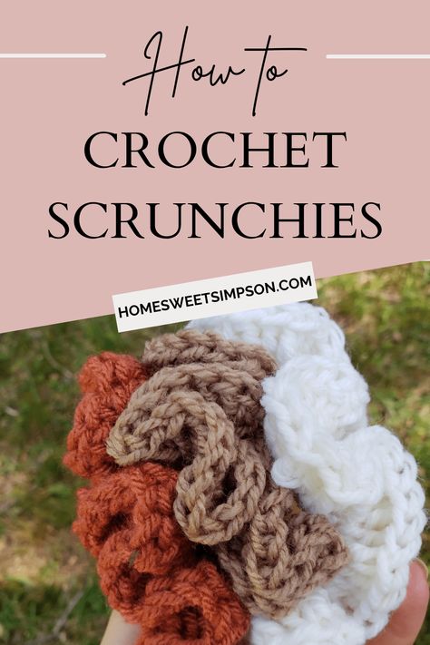 How to Crochet Scrunchies – Home Sweet Simpson Crochet Free Crochet Pattern Hair Accessories, Easy Crochet Scrunchie Pattern, Crochet Jumbo Scrunchie, Crochet Hair Scrunchy Free Pattern, Hair Scrunchie Crochet, Free Crochet Patterns For Hair Scrunchies, Crocheted Ponytail Holders, Crochet Pattern Scrunchie, Scrunchie Pattern Crochet