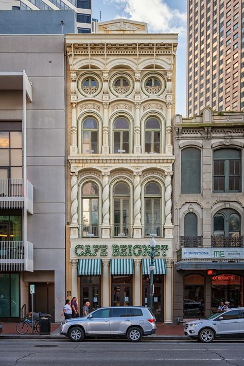 New Orleans Buildings French Quarter, New Orleans Canal Street, New Orleans Suburbs, New Orleans Store Fronts, New Orleans Downtown, New Orleans Buildings, New Orleans House Exterior, Nola Architecture, New Orleans Cafe