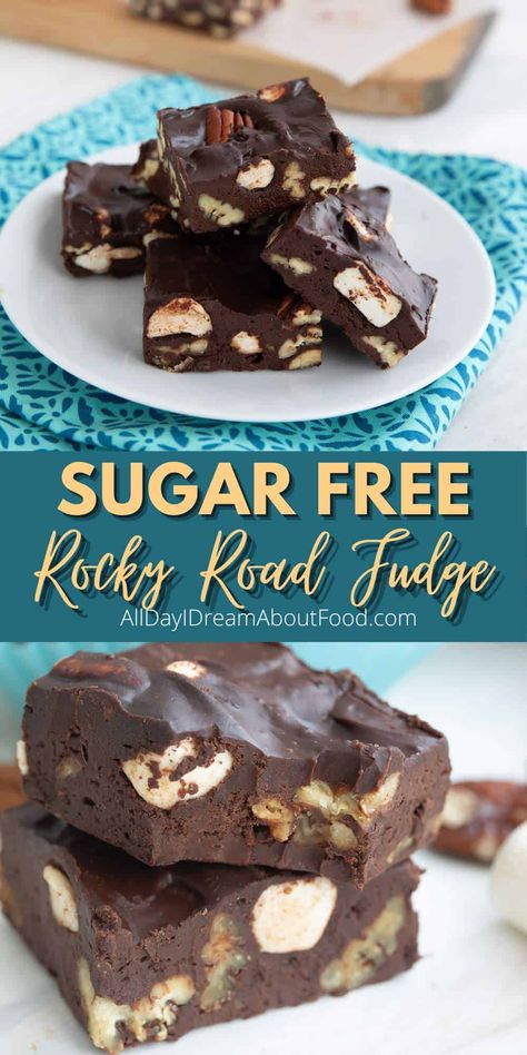 This Keto Rocky Road has everything you want in a sugar free fudge recipe. Creamy smooth and full of marshmallows and pecans, no one will guess it's low carb! Keto Fudge Easy, Keto Fudge Recipes, Sugar Free Fudge Recipe, Maple Fudge Recipes, Sugar Free Fudge, Cheap Desserts, Keto Fudge, Low Carb Candy, Keto Candy