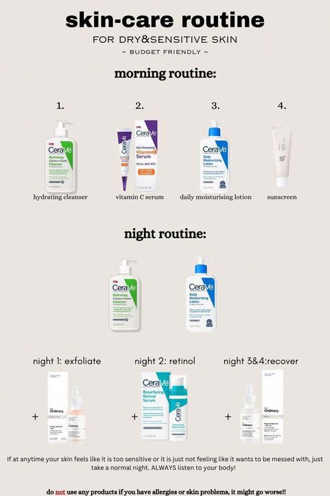 a skin-care routine for dry&sensitive skin; budget friendly ;) #WhatIsMeaningOfOralCare Skin Care Routine Sensitive Dry, Skincare Routine For Acne Prone Sensitive Skin, Good Skin Care For Sensitive Skin, Facial Care For Sensitive Skin, Daily Face Care Routine For Dry Skin, Very Sensitive Skin Care, Cerave Dry Skin Routine, Face Care Routine For Dry Sensitive Skin, Skincare Products Sensitive Skin