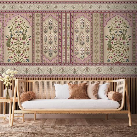 Imagine a majestic fort wall, its weathered surface now adorned with a vibrant tapestry of flowers. Delicate borders frame the scene, while intricate jharokas peek into a secret garden overflowing with colorful blooms. Sustainable Materials | Customised | Made in India For more designs, please see our Etsy Shop on https://lifencolorswallpaper.etsy.com SIZE: These are made as per wall size, minimum order size is 20 square feet (40 sqft if you wish to customise as per wall size). Please refer to s Indian Boho Interior Design, Ethnic Bedroom, Indian Wallpaper, Guest Bathroom Design, Indian Room, Fabric Wall Decor, Indian Interiors, Indian Home Interior, Velvet Wallpaper