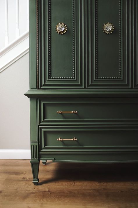 SOLD - Gorgeous Drexel vintage tall dresser / chest of drawers. Professionally refinished in a dark forest green color and sealed with a polycrylic top coat. This wardrobe features 5 cubby spaces and 3 dovetailed drawers that each have floral liners to add a fun surprise when opened. It has beautiful new hardware including custom made brass floral backplates and a refreshed, clean interior. This is an amazing statement piece that is functional and provides great storage.  42" wide 19" depth  58" Armoire Wardrobe Closet, Armoire Makeover, Vintage Armoire, Green Dresser, Armoire Wardrobe, Refinishing Furniture Diy, Natural Homes, Wardrobe Makeover, Dresser Chest