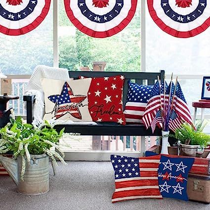 These pillow cases are amazing. One of the best home decor hacks I have is to purchase a 4 pack of 18x18 pillows and change out the cases for each season. #HomeDecor American Flag Pillow, Blue Floral Pillows, Memorial Day Decor, Summertime Decor, Patriotic Pillow, American Flag Decor, Independence Day Decoration, 4th Of July Ideas, Blue Pillow Covers