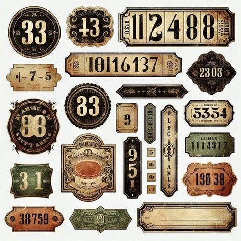 Free Printables + AI Art Sharing | Grungy vintage numbered tickets and bookplates | Facebook Travel Junk Journal, Clock Printable, Travel Elements, Journal Images, Junk Journal Tags, Vintage Numbers, Printable Collage Sheet, Journal Tags, Scrapbook Book