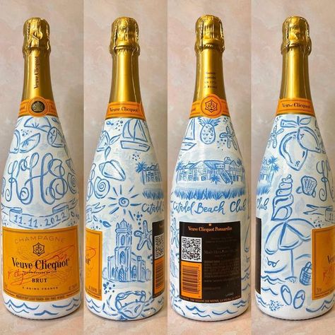 Hand Painted Veuve Bottle, Engagement Bottle Painting, Vueve Champagne Painted Bottle, Blue And White Champagne Bottle, College Painted Champagne Bottle, Blue And White Painted Champagne Bottle, Beach Painted Champagne Bottle, Champagne Bottle Painting Engagement, Veuve Bottle Painting