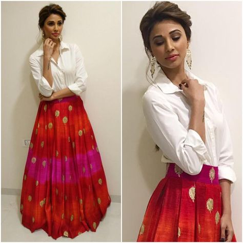 8,291 Likes, 32 Comments - A Fashionista's Diary (@afashionistasdiaries) on Instagram: “@shahdaisy Shirt - @splashfashions Lehenga - @smitashaofficial Earrings -…” Shirt With Lehenga, Daisy Shah, Outfit Indian, Indian Skirt, Mehendi Outfits, Shirt And Skirt, Lehnga Dress, Lehenga Blouse Designs, Long Skirt Outfits