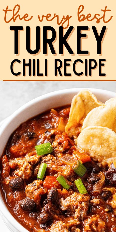 Looking for your next favorite chili recipe? This hearty Turkey Chili is full of flavor and packed with healthy ingredients like two types of beans, ground turkey, and veggies. Give it a try - it's a healthy chili that won't disappoint! Ground Turkey And Veggies, Best Turkey Chili Recipe, Homemade Turkey Chili, Best Turkey Chili, Ground Turkey Chili Recipe, Turkey Chili Recipe Easy, Easy Turkey Chili, Ground Turkey Recipes Easy, Ground Turkey Chili