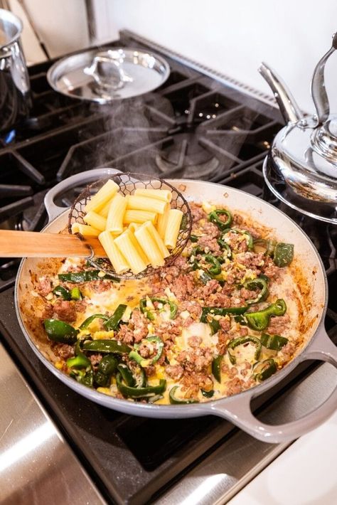 This creamy sausage pasta is a late-summer dream: smoky poblano peppers add gentle heat, sweet corn brings crisp sweetness, and savory sausage deepens the flavor. Ready in under 30 minutes, it's the perfect blend of spice, sweetness, and creaminess for a quick, unforgettable meal! Creamy Sausage Pasta, Pasta Sausage, Poblano Peppers, Stuffed Poblano Peppers, Sausage Pasta, Creamy Pasta, Italian Dishes, Sweet Corn, Summer Dream