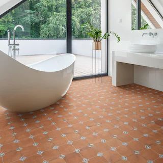 Floor Tiles - Bed Bath & Beyond Terracotta Bathroom Floor, Mom Bathroom, White Square Tiles, Orange Tile, Fireplace Facade, Bathroom Design Trends, Merola Tile, Flooring Store, Porcelain Floor