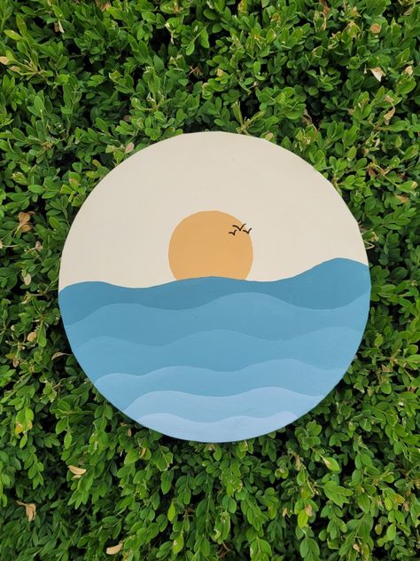 Beach Aesthetic Canvas Painting, Cute Round Canvas Paintings, Circle Canvas Art Easy, Easy Canvas Sunset Painting, Beach Painting Circle Canvas, Painting Ideas Easy Simple Circle, Aesthetic Circle Painting, Inspo Painting Ideas Easy, Mini Circle Canvas Art