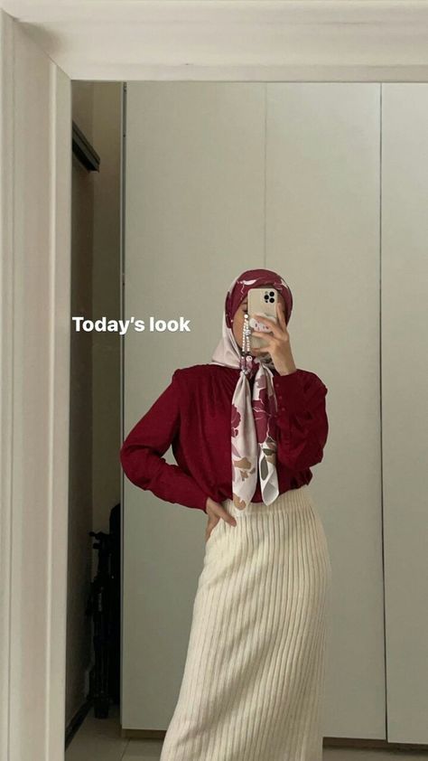 Skirt Pencil Outfit Hijab, Long Maroon Skirt Outfit, Pencil Skirt Outfits Hijab, Hijabi Old Money Outfits, Red Hijab Outfit, Maroon Skirt Outfit, Hijab Business, Ootd Formal, Modest Christian Clothing