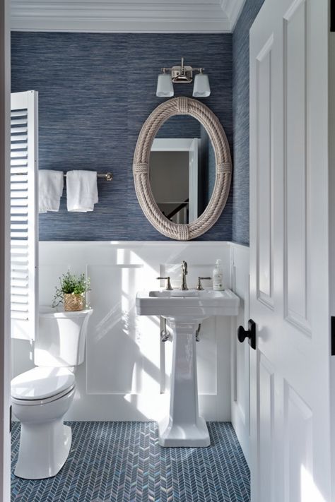 Family Home: Orleans, Cape Cod - Beach Style - Bathroom - Boston - by ERT Architects, Inc | Houzz Coastal Powder Room Ideas, Cape Cod Bathroom, Coastal Powder Room, Beautiful Powder Rooms, Powder Room Renovation, Wallpaper Powder Room, Coastal Bathroom Design, Half Bath Remodel, Beach Style Bathroom