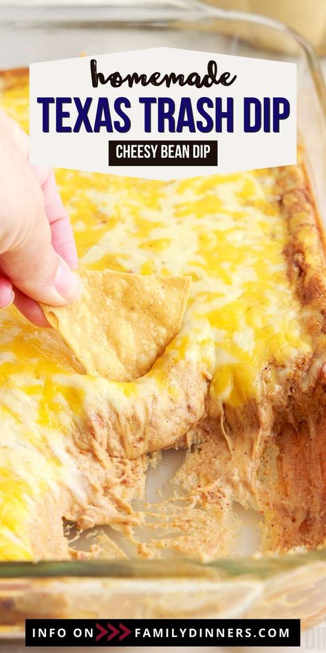 If you want to add a new staple to your favorite dip recipes, then Texas trash dip is just perfect for you. You only need a few simple ingredients to make this quick and easy super bowl dip. It is the perfect blend of cream cheese, sour cream, refried beans, taco seasoning and cheese. Lots of cheese! This hot bean dip is gooey, comforting and the perfect mix of flavors. You can serve Texas trash dip at parties, on game day, Cinco de Mayo or at any Mexican inspired dinner party. Serve this best Trash Dip Recipe, Super Bowl Dip, Cheesy Bean Dip, Hot Bean Dip, Warm Dip Recipes, Easy Bean Dip, Texas Trash Dip, Super Bowl Dips, Refried Bean Dip