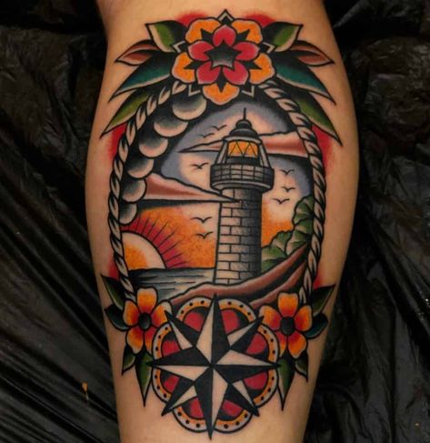 Lighthouse Traditional Tattoo, Traditional Tattoo Meanings, Lighthouse Tattoo Meaning, Traditional Lighthouse Tattoo, Lighthouse Tattoo, Finger Tats, Tattoo Old School, Nautical Tattoo, Silhouette Tattoos