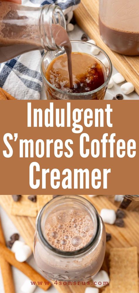 S’mores coffee creamer gives you gourmet coffee shop style taste right at home! No need to spend extra on fancy coffee drinks or store bought creamers when you can make a batch of this chocolate marshmallow goodness and treat yourself anytime. Save this recipe for later! Smores Coffee Creamer, Homemade Flavored Coffee Creamers, Gluten Free Coffee Creamer, Marshmallow Coffee Creamer, S’more Coffee, Smores Coffee Recipe, Homemade Chocolate Coffee Creamer, Canning Coffee Creamer, Homemade Cookies And Cream Coffee Creamer