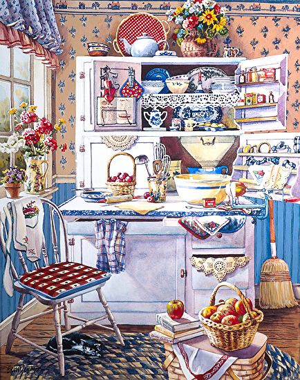 $65 'Grandma's Kitchen Corner' by Erin Dertner ~ 16 x 12 - Impressionist watercolor painting of a bustling and colorful country kitchen. Signed and Numbered Offset Lithograph Reproduction on premium quality paper; limited edition of 500. Grandmas Kitchen, Romantic Country, Cottage Art, Images Vintage, Vintage Diy, Country Art, Mail Art, Kitchen Art, Food Illustrations