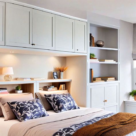 25 Built-In Wardrobe Ideas Around A Bed To Consider Bed Inset In Closet, Built In Bed Shelves, Cupboard Around Bed, Built In Wardrobe Around Bed Ideas, Built In Headboard Wall Storage, Built In Storage Around Bed, Built In Wardrobe Ideas Around Bed, Custom Bedroom Built Ins, Built In Shelves Around Bed