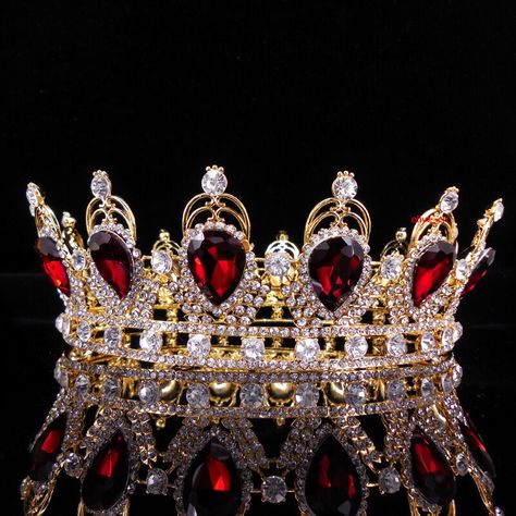 Fantasy Crown Queens, Pretty Crowns, Gold Queen Crown, Sweet 16 Crowns, Ruby Crown, Royalty Dresses, Red Tiara, Gold King Crown, Fancy Prom Dresses