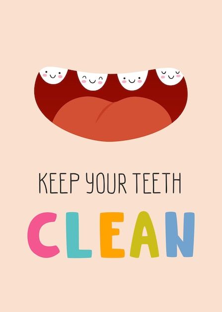 Vector dental care poster for kids with ... | Premium Vector #Freepik #vector #happy-teeth #teeth-cartoon #funny-cartoon #cute-cartoon Dentist Poster Graphic Design, Dental Clinic Poster Ideas, Pediatric Dentistry Posters, Dental Posters For Clinic, Dental Slogans, Dental Care Poster, Dental Cartoon, Dentistry Quotes, Dentist Poster