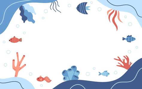 Vector frame with fishes and water plants in flat design. Marine template with copy space. Border with sea animals. Ocean life. Sea Borders Design, Fish Border Design, Ocean Border Design, Ocean Projects, Vector Frame, Marine Ecosystem, Water Plants, Ocean Life, Sea Animals