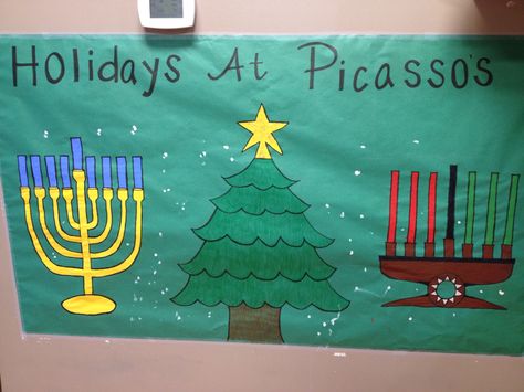 Christmas/Hannukah/Kwanzaa bulletin board Hanukkah Bulletin Board, Bulletin Board Christmas, Holiday Bulletin Boards, Hanukkah Art, Holiday Art Projects, Hanukkah Crafts, Jewish Celebrations, Christmas Bulletin Board, Happy Kwanzaa