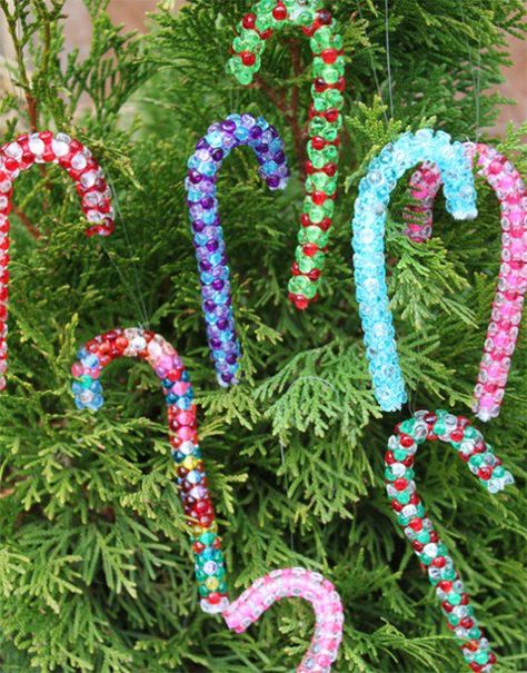 Deliciously Easy Candy Cane Crafts Candy Cane Ornaments Diy, Candy Cane Ornaments, Candy Cane Crafts, Easy Holidays Crafts, Handcrafted Knife, Beads Candy, Candy Cane Ornament, Holiday Craft, Beaded Christmas Ornaments