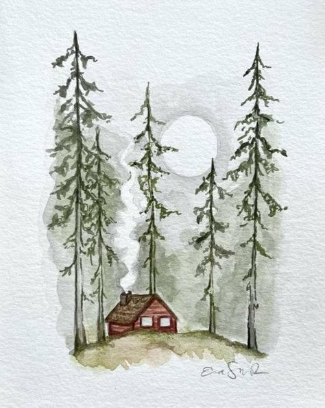 Folklore Watercolor Painting, Mountain Scene Watercolor, Simple Nature Watercolor, Watercolor Painting For Boyfriend, Camping Watercolor Painting, Watercolor Inspo Aesthetic, Watercolor Landscape Art, Fun Watercolor Paintings, Creative Watercolor Paintings Ideas