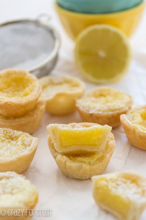 Mini Lemon Chess Pies. The perfect lemon chess pie...in mini form! Perfect for a party, these are super sweet and tart all at the same time. Serves 40 - 42. Chess Pies, Bite Size Pies, Lemon Chess Pie, Popular Pies, Lemon Shortbread, Crazy For Crust, Chess Pie, Shortbread Cookie, Lemon Meringue Pie