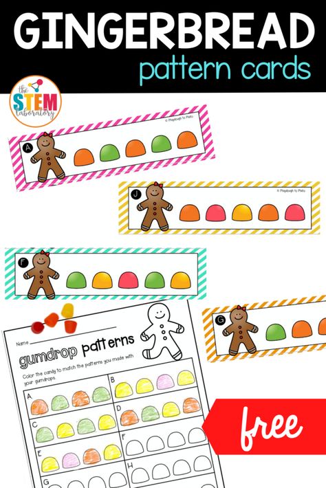 Gingerbread Pattern Cards - The Stem Laboratory Gingerbread Math Kindergarten, Gingerbread Kindergarten Activities, Gingerbread Activities Preschool, Gingerbread Math Activities, Gingerbread Kindergarten, Gingerbread Man Math, Patterning Kindergarten, Gingerbread Math, Gingerbread Pattern