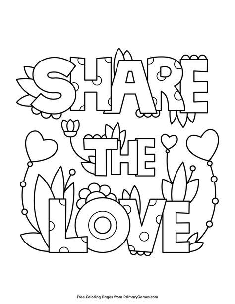 Free printable Valentine's Day Coloring Pages eBook for use in your classroom or home from PrimaryGames. Print and color this Share the Love coloring page. Houses Minecraft, Wedding Coloring Pages, Valentines Day Coloring Page, Valentine Coloring Pages, Coloring Pages Inspirational, Love Coloring Pages, Quote Coloring Pages, Valentines Day Coloring, Spring Coloring Pages