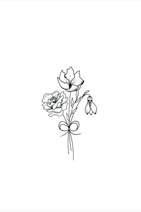 A simple and elegant birth month flower bouquet tattoo featuring rose, cosmos, and snowdrop designs. Month Flower Bouquet Tattoo, Minimalist Birth Flower, Flower Bouquet Tattoo Design, Bouquet Tattoo Design, Birth Month Tattoo, Birth Flower Bouquet Tattoo, Cosmos Tattoo, Loose Bouquet, Flower Bouquet Tattoo