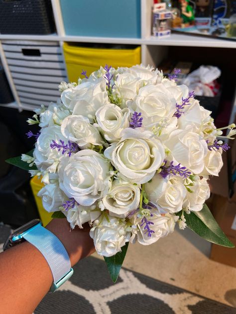 Homemade Faux bouquet: white roses, babys breath, lavender Lavender And White Flower Bouquet, Lavender And Roses Bouquet, Lavender And White Rose Bouquet, Pink Roses And Lavender Bouquet, White Roses With Purple Accents, Red Rose Bouquet Wedding, Lavender Centerpieces, Purple Carnations, White Rose Bouquet