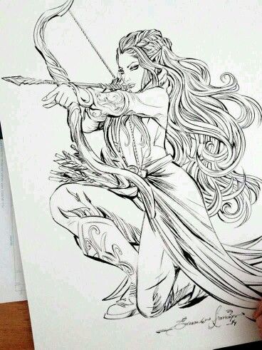 elfe guerrière. Tauriel, Bow And Arrow, Desenho Tattoo, Gesture Drawing, Eye Tutorial, Arte Fantasy, Fantasy Illustration, Disney Animation, A Drawing