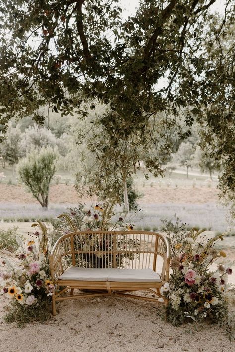 Wedding Ceremony With Benches, Wedding Benches, Chloe Thomas, Wedding Bench, Wedding Ceremony Setup, Small Backyard Wedding, Vintage Bank, Ceremony Seating, Wedding Ceremony Flowers