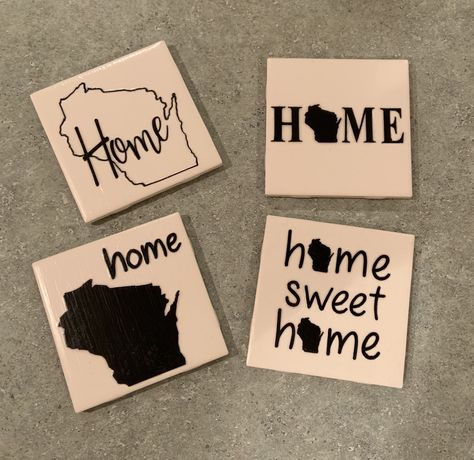 DIY Wisconsin HOMEThemed Ceramic Tile Coasters - Set of 4 | Heavyweight | Cork Backing | Modpodged and sealed Coaster Set Ideas, Coaster Sayings, Cricut Coaster Ideas, Circuit Coasters, Coaster Design Ideas, Coaster Ideas, Cricut Wood Coasters, Diy Ceramic Tile Coasters, Costers Diy Tile