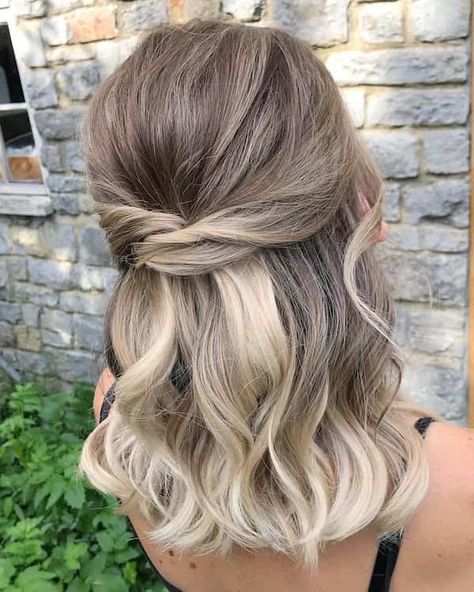 Bridal Hair Half Up Medium, Bridesmaid Hair Half Up Short, Bridesmaid Hair Medium Length Half Up, Bridesmaid Hair Half Up Medium, Half Up Half Down Short Hair, Blonde Bun, Curled Hairstyles For Medium Hair, Cute Wedding Hairstyles, Bridal Hair Half Up