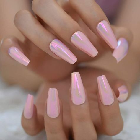 Shiny Holographic Pink Almond Press on False Nails Long Reflective Mirror Ballerina Coffin Fake Fingersnails Extention Tool Ombre French Nails, Long Press On Nails, Short Fake Nails, Pink Chrome, Gel Nail Tips, Nail Type, Fake Nails With Glue, Gel Designs, Nail Length