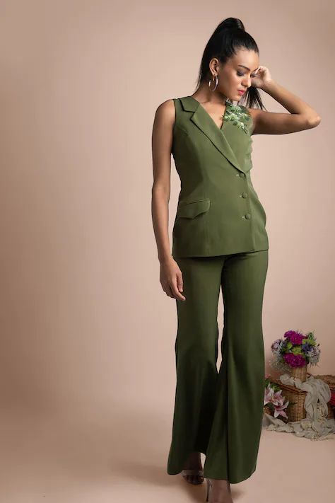 Overlap Top, Pant Suits For Women, Top And Pants Set, Embroidered Neckline, Indian Fashion Designers, Top Pants Set, Green Pants, Designer Gowns, Green Tops