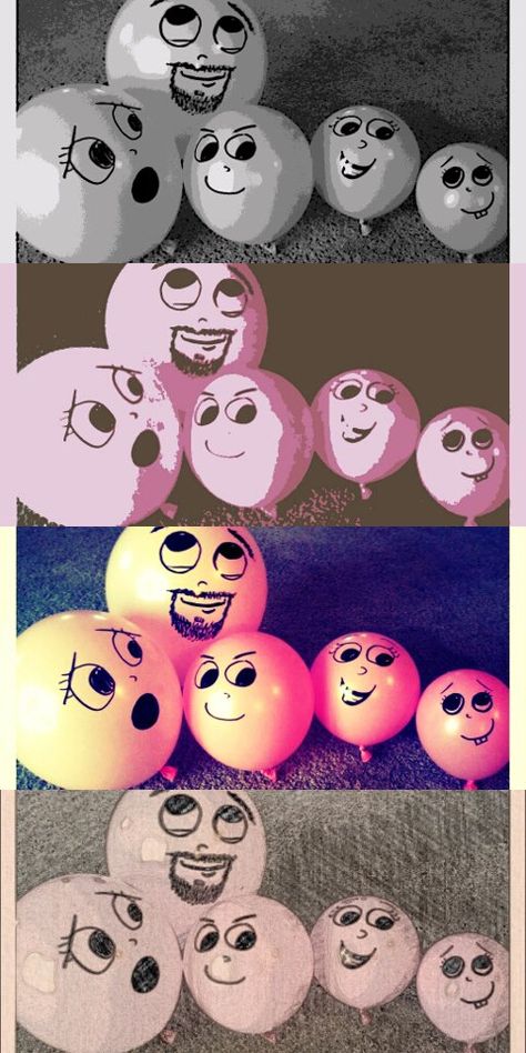 Balloon family fun: draw faces on balloons to resemble your family, take a picture of them, add fun effects using PicArt App for Android, and send as a greeting card with your family's name on it. ;) Drawing On Balloons Ideas, Water Balloon Painting Canvas, Ballon Character, Cute Faces To Draw On A Balloon, Deflated Balloon Art, Paint Balloons, Balloon Face, Draw Faces, Balloon Painting